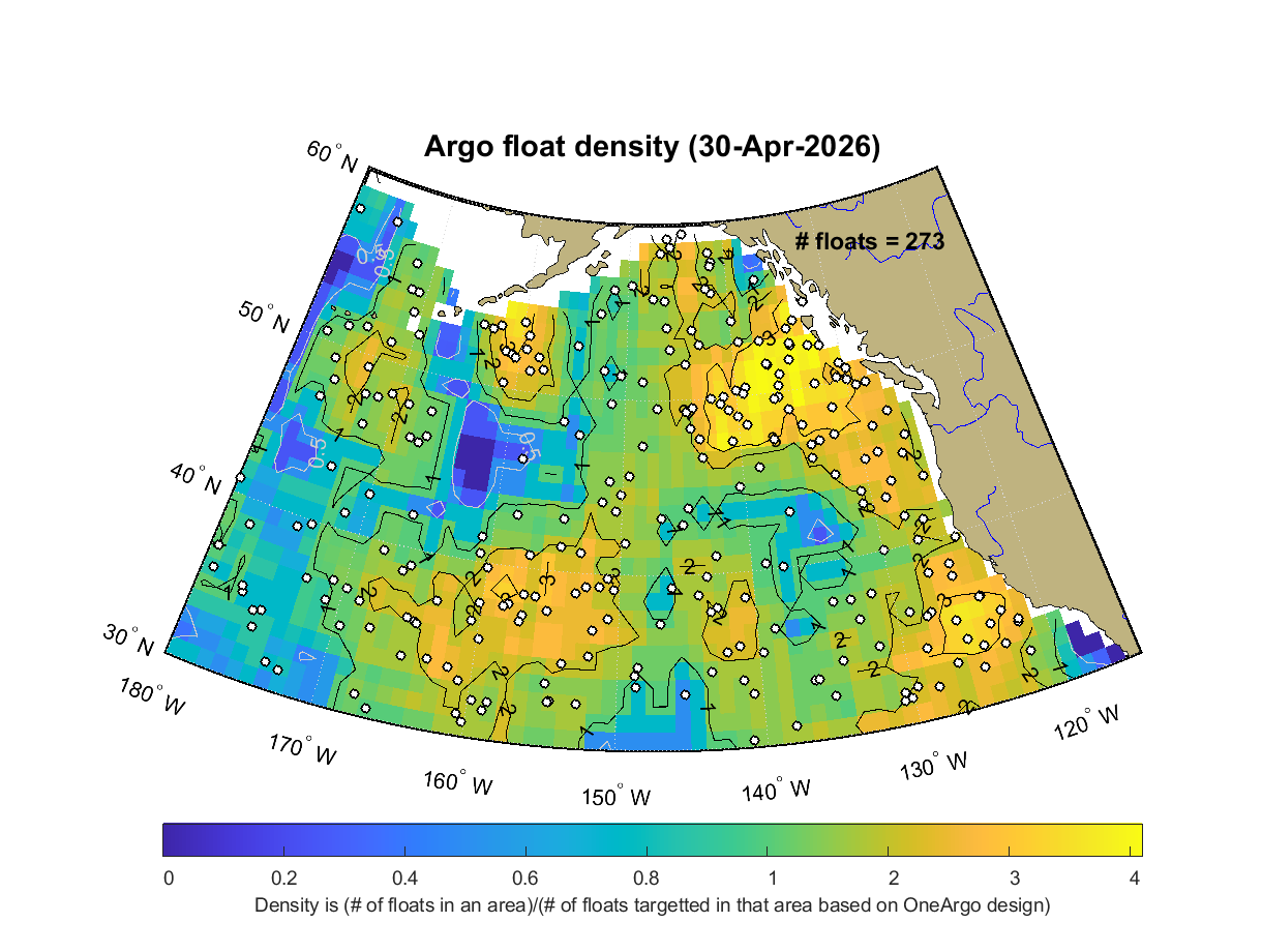 Map showing the current float density in the Gulf of Alaska